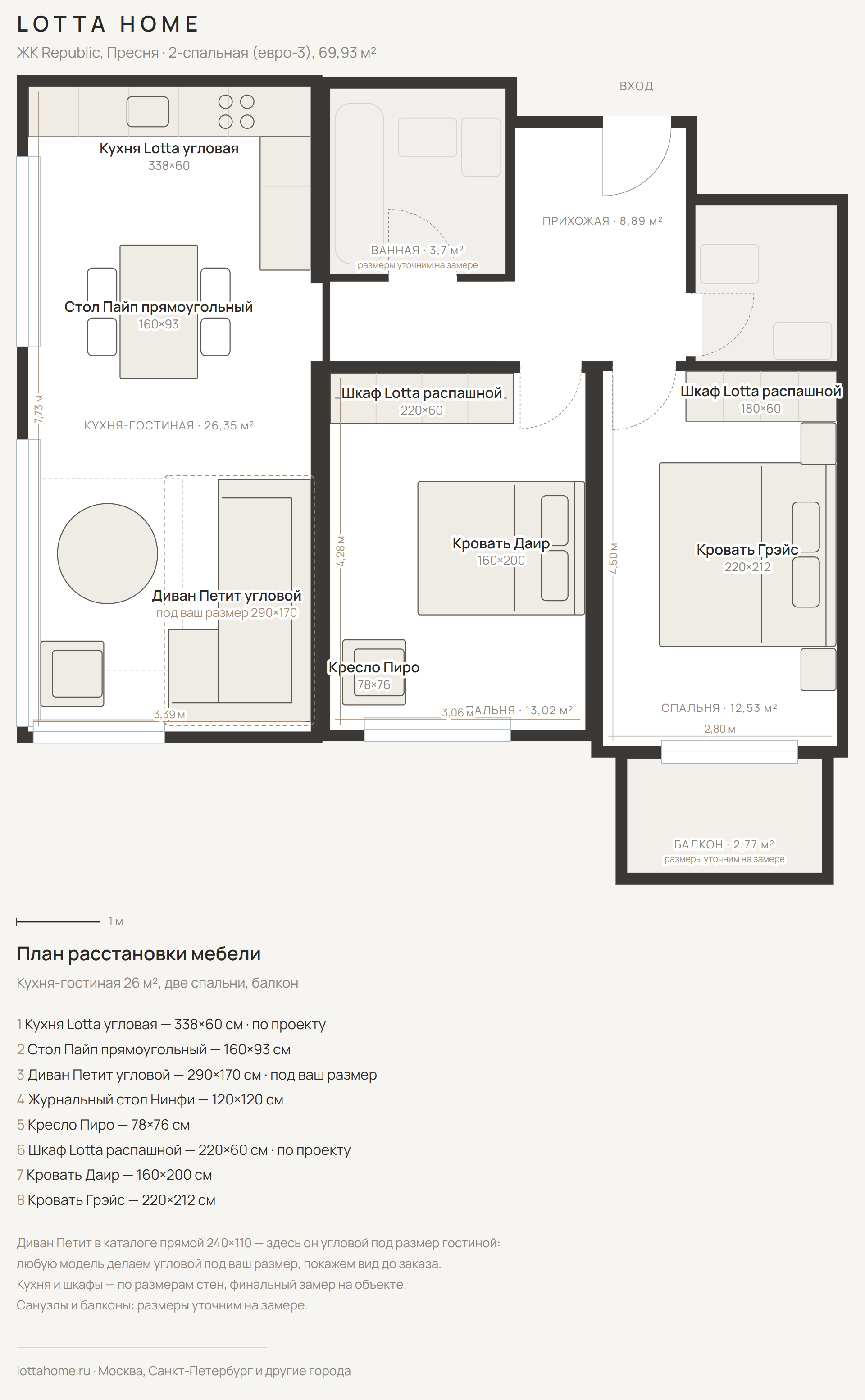 Пример плана расстановки мебели в квартире 70 м² с угловым диваном